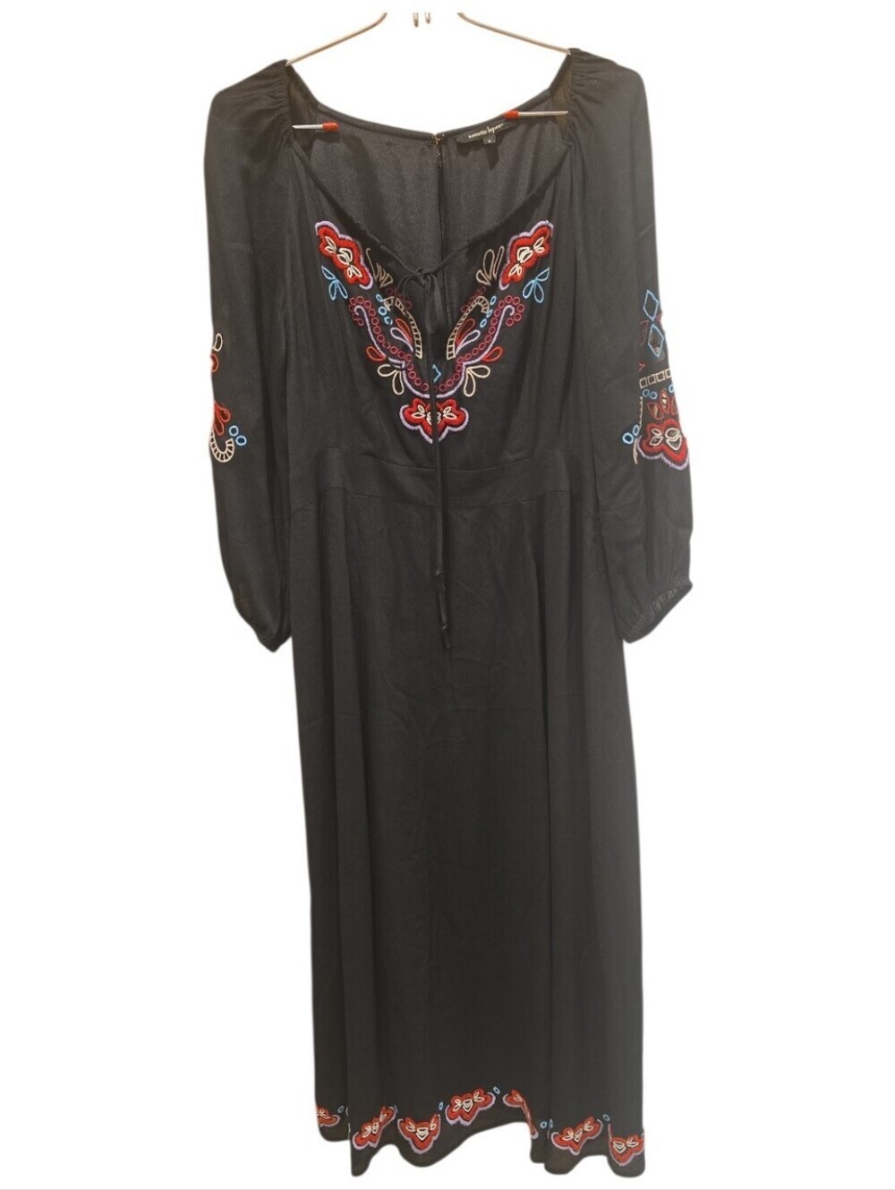 Nanette Lepore Black Embroidered Boho Cottagecore Midi Dress Size 4